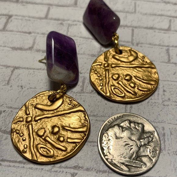 Amethyst 22k Gold Plated Coin Earrings (invA) - Picture 3 of 3